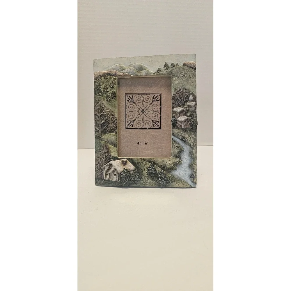 Vintage Itart's Mountain Snow Cabin River 3D Polyresin Stone Picture Frame 4x6